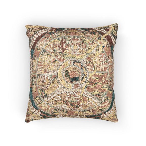 Antique Circular World Map Tan, Burgundy and Teal Woven Pillow, Cotton-Polyester Shell