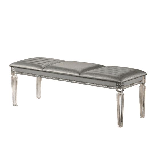 Antique Classic Silver Upholstered Bedroom Bench Solid Rubberwood Frame Clear Fluted Acrylic Legs Crystal Mirror Accents