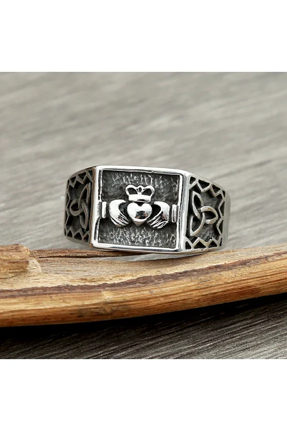 Antique Color 14K White Gold Irish Design Claddagh Wedding Rings for Men Women Hand Love Heart Crown Unisex Commemorative Ring