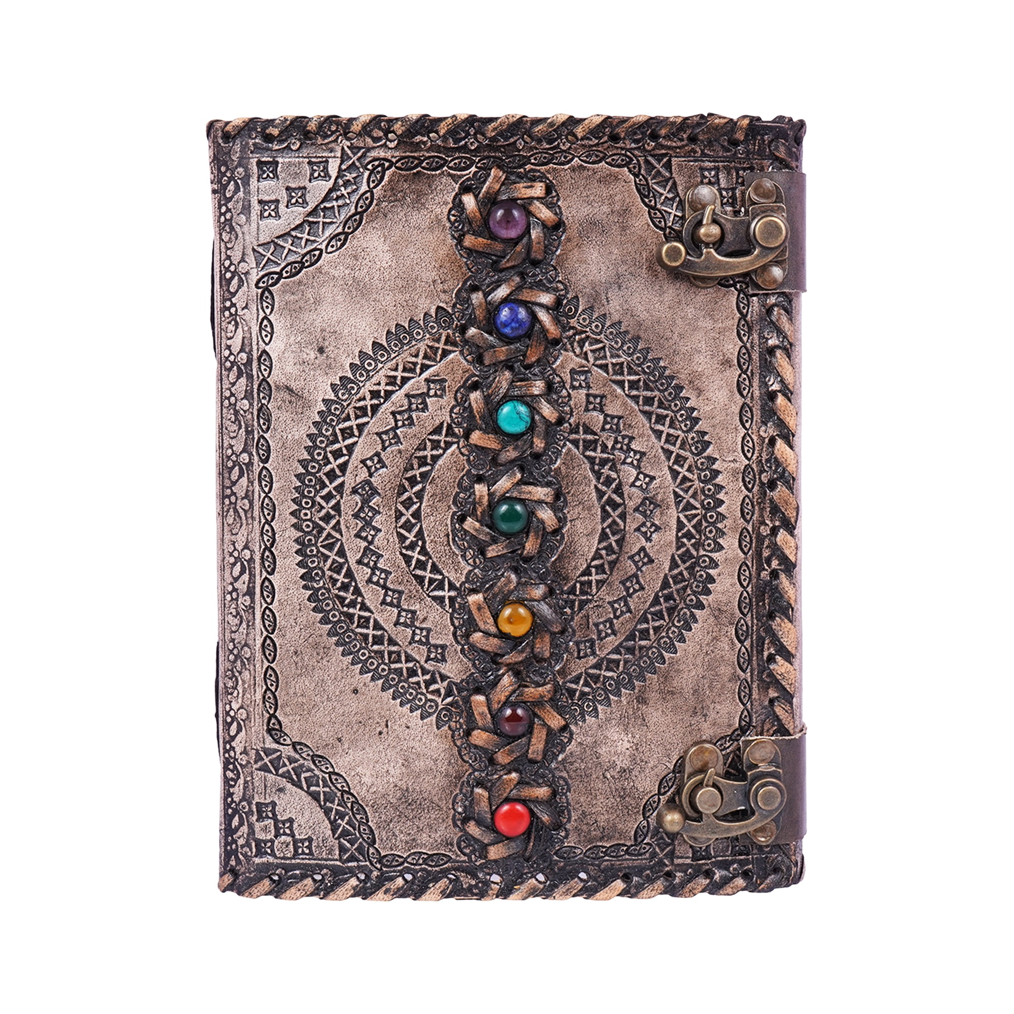 Antique Color Chakra Journal – Handmade 6x8 Embossed Leather Notebook with Seven Chakra Design