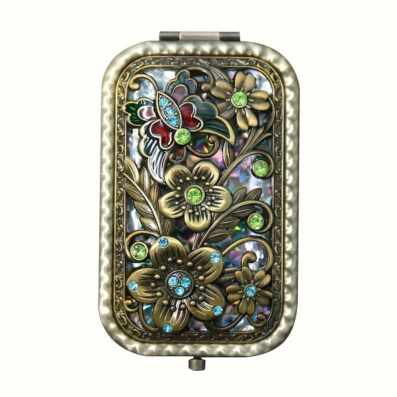 Antique Compact Makeup Mirror Metal Portable Foldable Princess Mirror 3D Flower Heart Design Makeup Mirror Double Sided Makeup Mirror Travel Mirror, Gift for Daughter, Mom - Rectangle