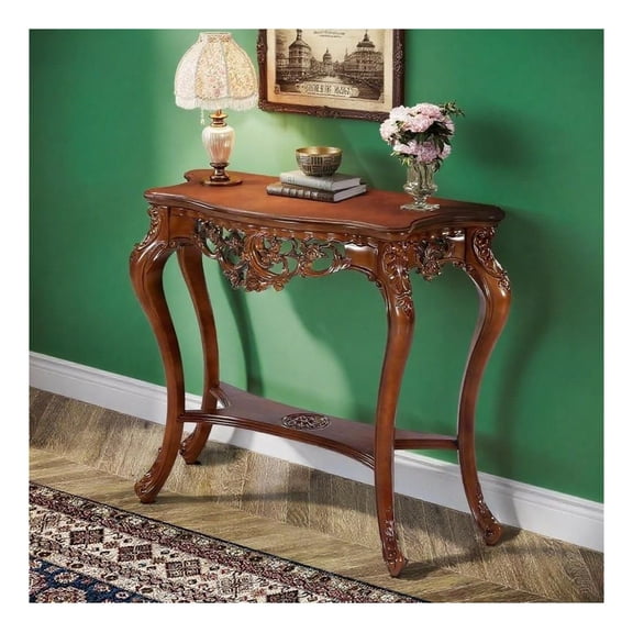 Antique Console Table, 38 inch Sofa Table Entryway, Vintage Carved Living Room Table, 2 Tier Accent Table, Distressed Brown