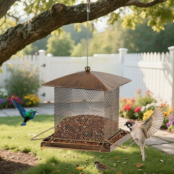 Antique Copper Heavy-Duty Metal Squirrel-Proof Bird Feeder with Integrated Food & Water Station | 7x11x17.7 Inches | Weather-Resistant Outdoor Garden Decor