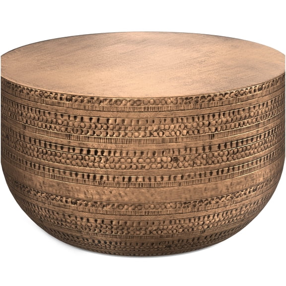 Antique Copper Round Metal Coffee Table, Fully Assembled Bronze Finish Cocktail Table for Living Room