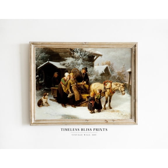 Antique Country Winter Print Vintage Moody Landscape Wall Art Printable Snow Winter Scene Horse Sleigh Poster Decor, Unframed Poster Size 12x18 F03.1.22l24