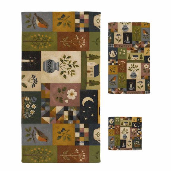Antique Countryside 3 Piece Bath Towel Sets Vintage Rustic Candle Holder Flower Vase Bird Ultra Soft Absorbent Set Includes 1 Bath Towels, 1 Hand Towels and 1 Wash Coths Microfiber Towel for Bathroom