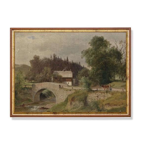 Antique Countryside Bridge 19th Century Rustic Landscape Unframed Paper Print