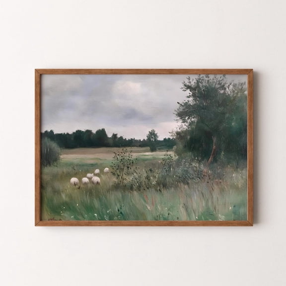 Antique Countryside Meadow Moody Green Sheep Landscape Poster, Expressive Decorative Theme For Bedroom And Gallery Wall Decor