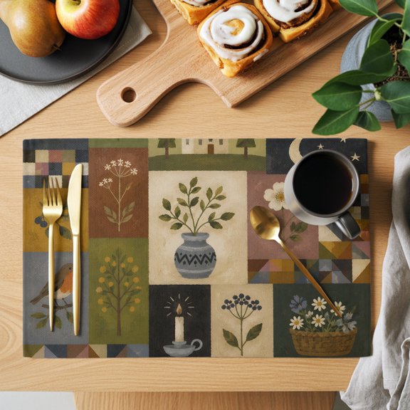 Antique Countryside Placemats Set of 4, Vintage Rustic Candle Holder Flower Vase Bird Heat Insulated Linen Place Mats, Washable Stain-Proof Table Mats for Dining Tables Holiday Decor 13x19 Inches