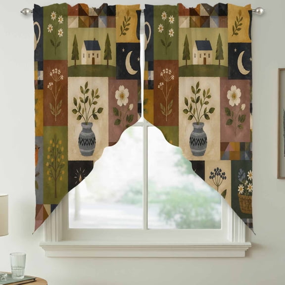 Antique Countryside Swag Curtain Valances for Kitchen, Vintage Rustic Candle Holder Flower Vase Bird Rod Pocket Curtains Window Treatment Swag Valance for Bedroom Bathroom, 2 Panels 28 x 36 Inch