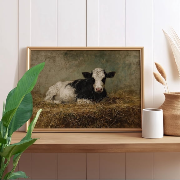 Antique Cow Wall Art Moody Rustic Farmhouse Decor, Unframed Canvas Size 8x12