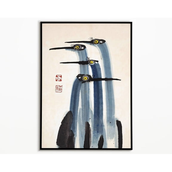 Antique Crane Watercolor Print, Japanese Art, Farmhouse Wall Decor, Vintage Painting, Elegant Art Wall Art, Modern Wall Decor, 12x18 UNFRAMED