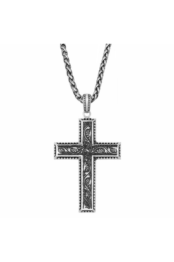Stainless Steel Antique Cross Pendant Necklace For Men in 24 Inches Wheat Chain With Lobster Claw Closure