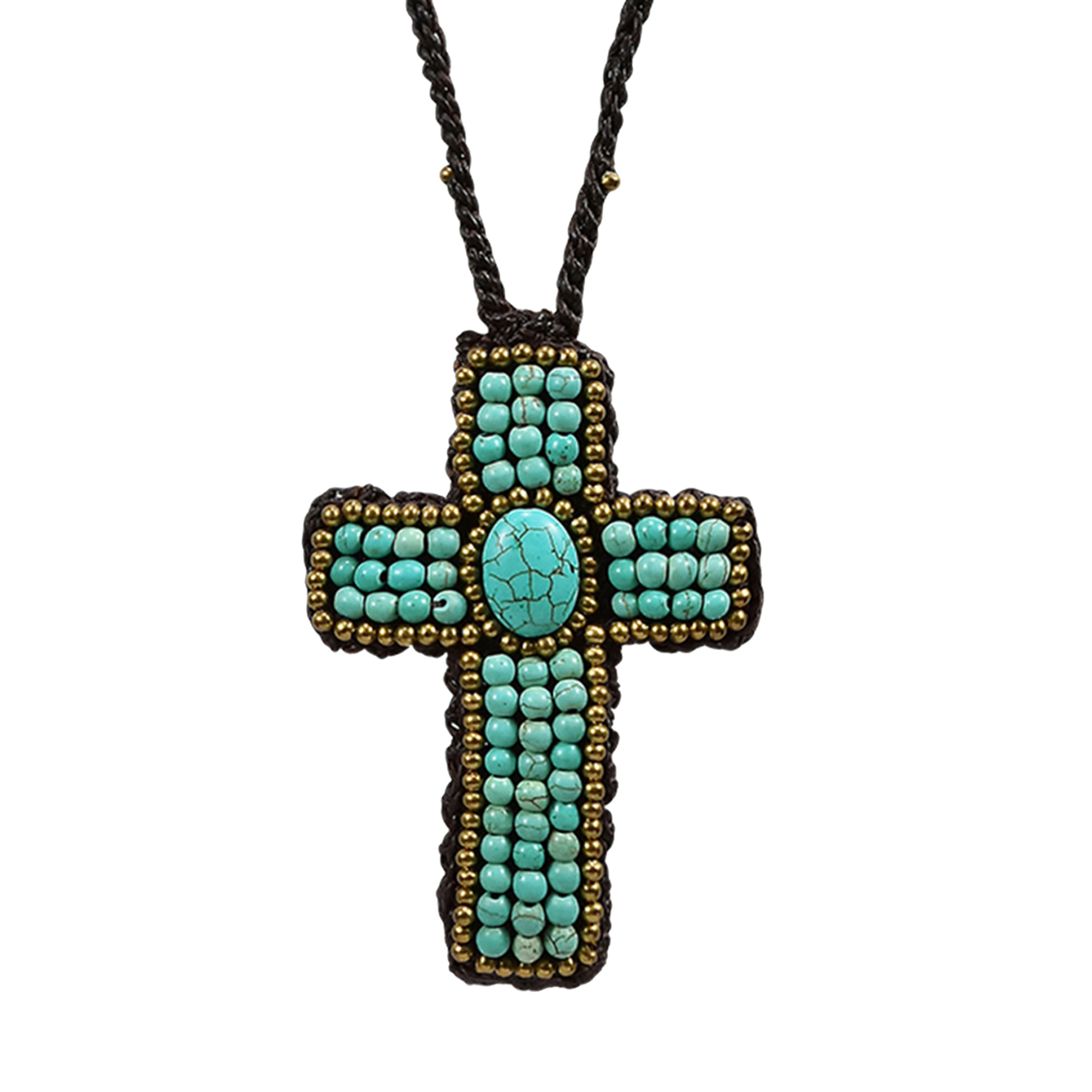 Antique Cross Turquoise Stone Brass Embellished Long Necklace - image 1 of 5