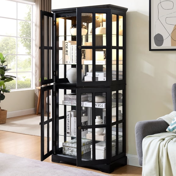 S-HOME Antique Display Cabinet with Glass Doors and Adjustable Shelves for Collectibles Four Door Showcase