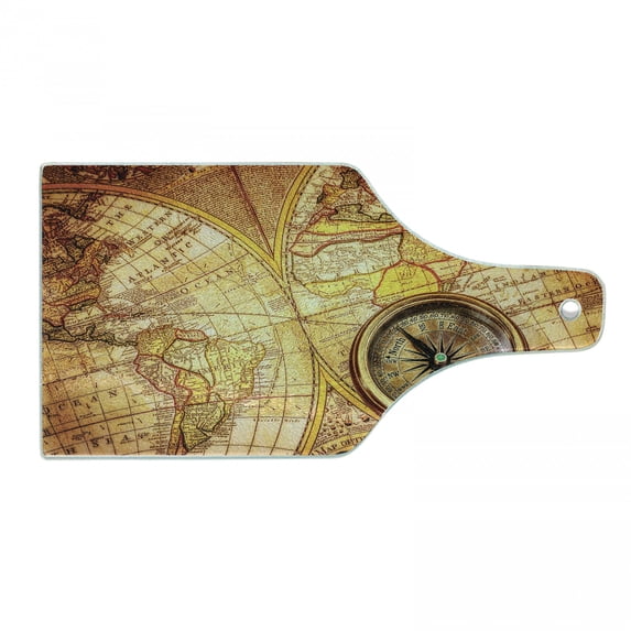 Antique Cutting Board, Compass on an World Map Historic Borders Century-Old Antiquity Theme, Decorative Tempered Glass Cutting and Serving Board, Wine Bottle Shape, Yellow Orange, by Ambesonne