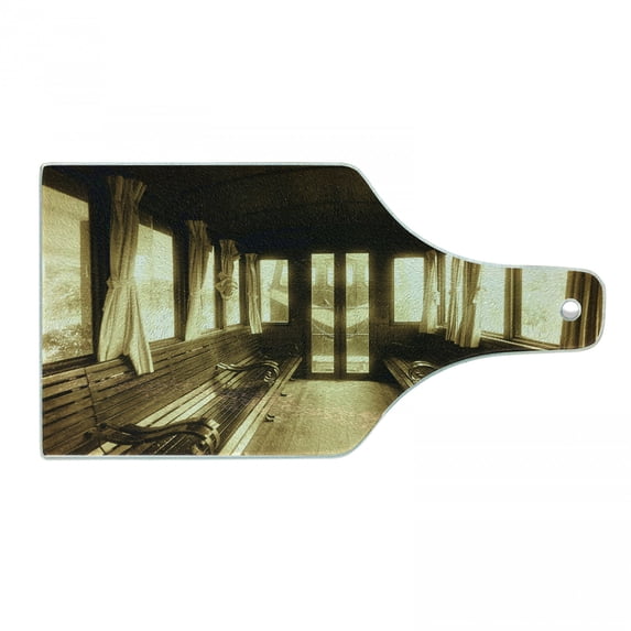 Antique Cutting Board, Old Vintage Train Salon Inside Historical Transport Windows Curtains Arch Shape, Decorative Tempered Glass Cutting and Serving Board, Wine Bottle Shape, Sepia, by Ambesonne
