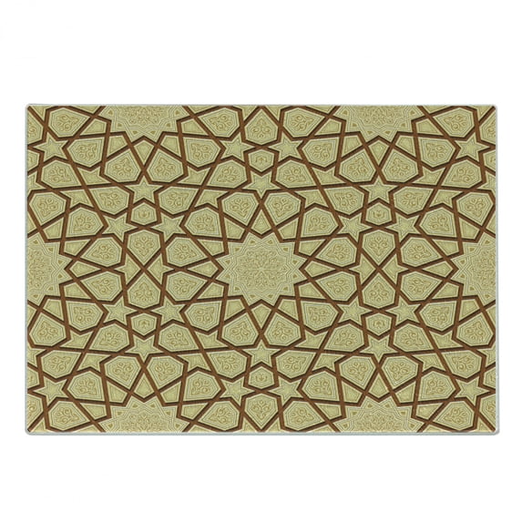 Antique Cutting Board, Star Shapes on Retro Design with Fractures Classic Eastern Building, Decorative Tempered Glass Cutting and Serving Board, Small Size, Cream Brown, by Ambesonne