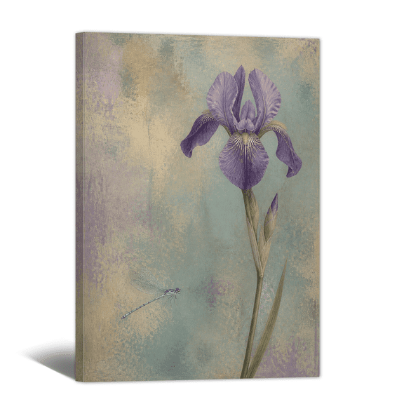 Antique Damselfly Canvas Wall Art Rustic Flora and Fauna Picture Print, Muted Teal Serene Artwork Purple Iris Stem Painting for Bathroom, Home, Living room Decor