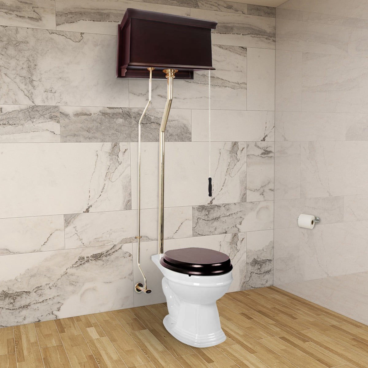 Renovator's Supply High Tank Pull Chain Toilet with Antique Dark Oak Finish Tank and Round Bowl