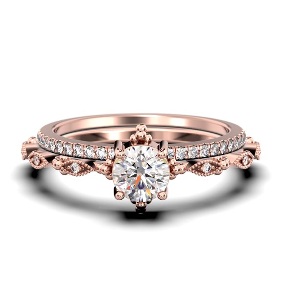 Antique Dazzling Boho & hippie 1.75 Carat Round Cut Diamond Moissanite Unique Engagement Ring, Wedding Ring in10k Solid Rose Gold, Affordable Gift For Woman, Bridal Set, Matching Band