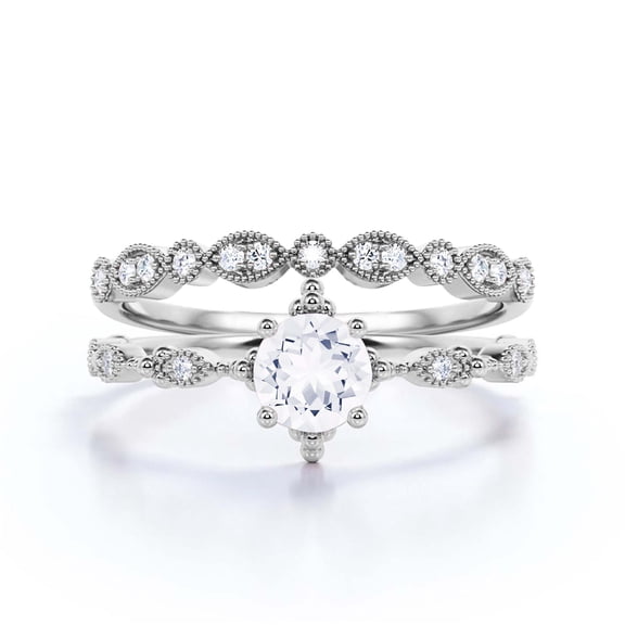 Antique 1.75 Carat Round Cut Moissanite & Diamond Bridal Set in 10k White Gold