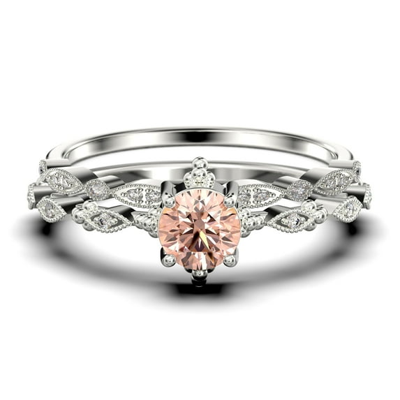 Antique Dazzling Boho & hippie 1.75 Carat Round Cut Morganite And Diamond Moissanite Unique Engagement Ring, Wedding Ring in10k Solid White Gold, Affordable Gift For Woman, Bridal Set, Matching Band