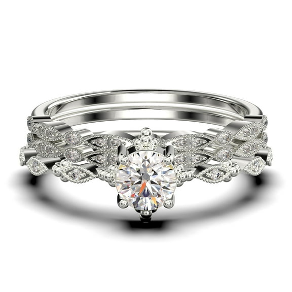 Antique Dazzling Boho & hippie 2.25 Carat Round Cut Diamond Moissanite Unique Engagement Ring, Wedding Ring in10k Solid White Gold, Affordable Gift For Woman, Trio Set, Matching Band