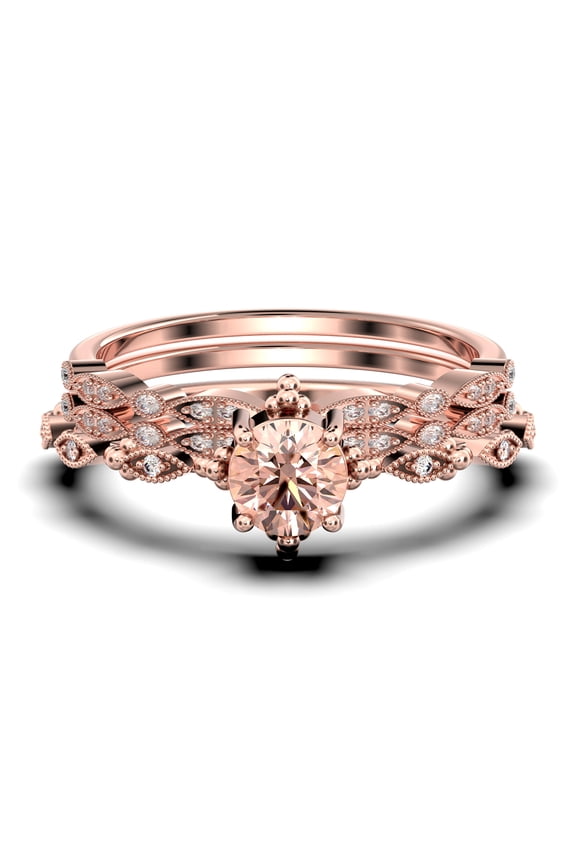 Antique Dazzling Boho & hippie 2.25 Carat Round Cut Morganite And Diamond Moissanite Unique Engagement Ring, Wedding Ring in10k Solid Rose Gold, Affordable Gift For Woman, Trio Set, Matching Band