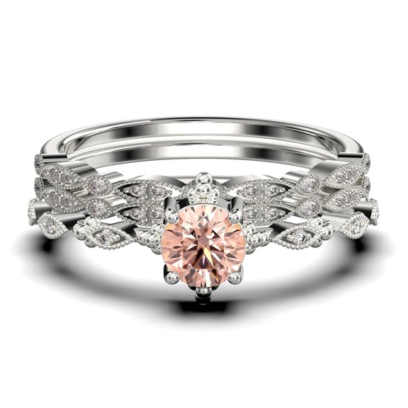 Antique Dazzling Boho & hippie 2.25 Carat Round Cut Morganite And Diamond Moissanite Unique Engagement Ring, Wedding Ring in10k Solid White Gold, Affordable Gift For Woman, Trio Set, Matching Band
