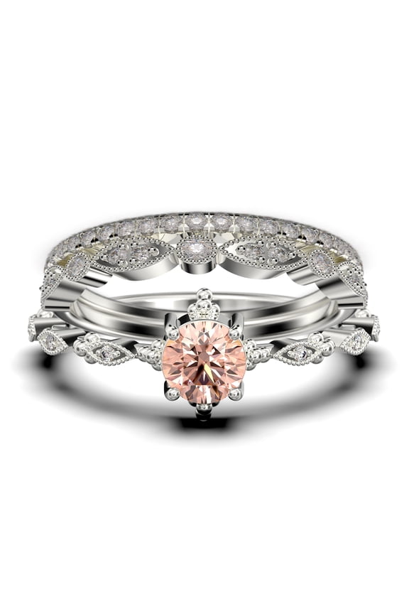 Antique Dazzling Boho & hippie 2.25 Carat Round Cut Morganite And Diamond Moissanite Unique Engagement Ring, Wedding Ring in10k Solid White Gold, Affordable Gift For Woman, Trio Set, Matching Band