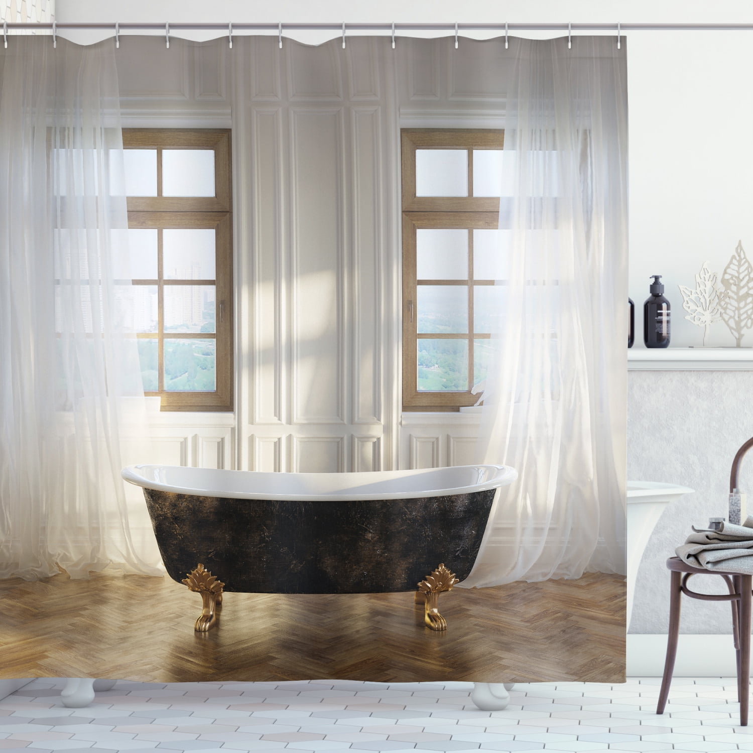 Antique Decor Shower Curtain Set, Retro Bathtub In Luxurious Modern