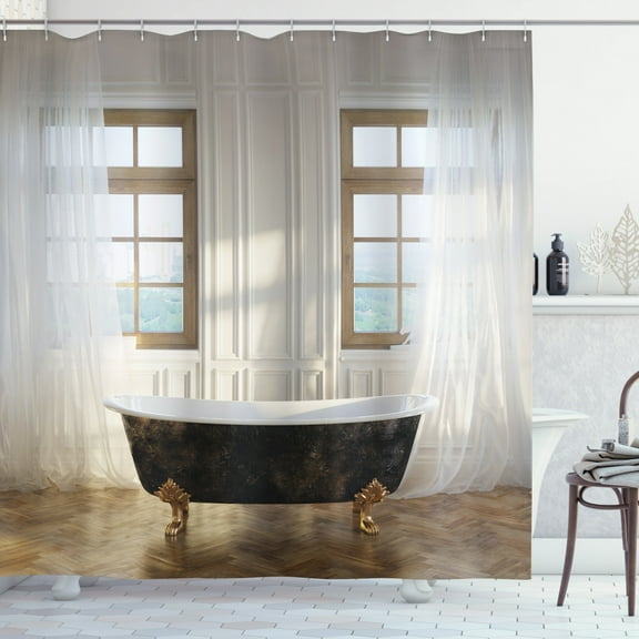 Antique Decor Shower Curtain Set, Retro Bathtub In Luxurious Modern Room Interior Hardwood Classics Space Design, Bathroom Accessories, 69W X 70L Inches, By Ambesonne