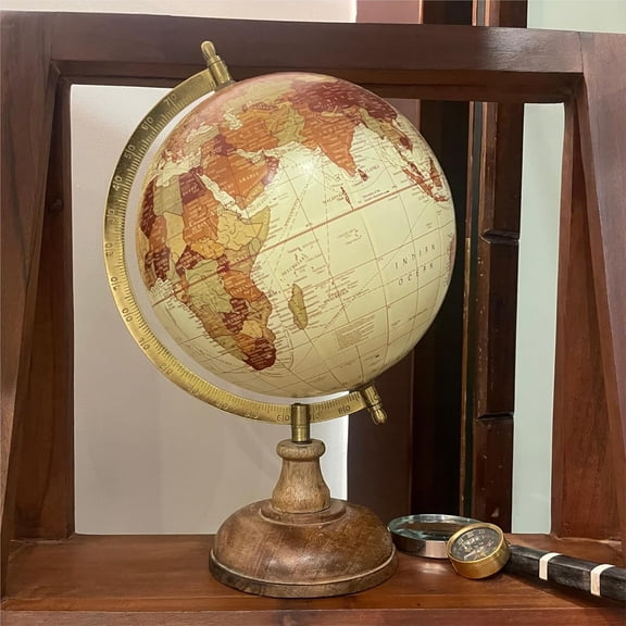 Antique Decorative Cream World Rotating Globe With Wood Base, Office, Table, Showpiece Gift, Kids & Students Learning Map, Pack Of 1