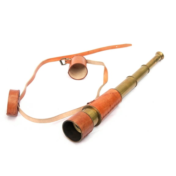 Antique Decorative Vintage Spyglass Telescope Leather Lens Cap Collectible Finish Royal Ship Sailor Marine Instrument (Orange Leather)
