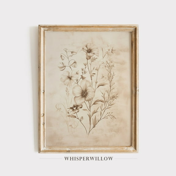 Antique Delicate Floral Sketch, Able, Spring Summer Art, Botanical Wildflowers Drawing, Vintage Beige Wall Decor Home Decor UNFRAMED Poster, Wall Art for Decor, Present, 8x12