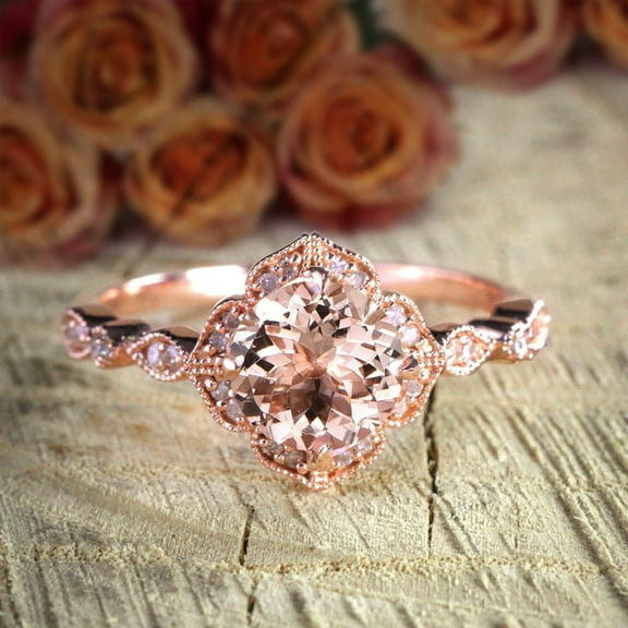 Antique Design 1.75 Carat 6mm Round Cut Peach Pink Morganite and Diamond Moissanite Engagement Ring Jewelry with 18k Gold Plating