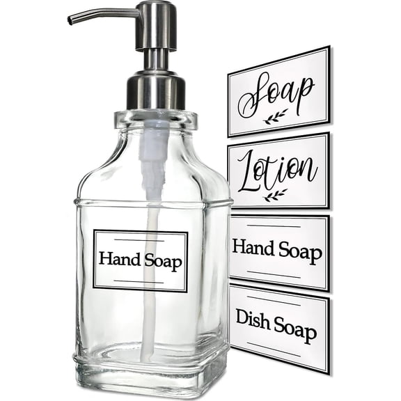 Antique Design Soap Dispenser with Rust Proof 304 Stainless Steel Pump, Refillable Glass 10Pcs Clear Stickers, Premium Kitchen & Bathroom