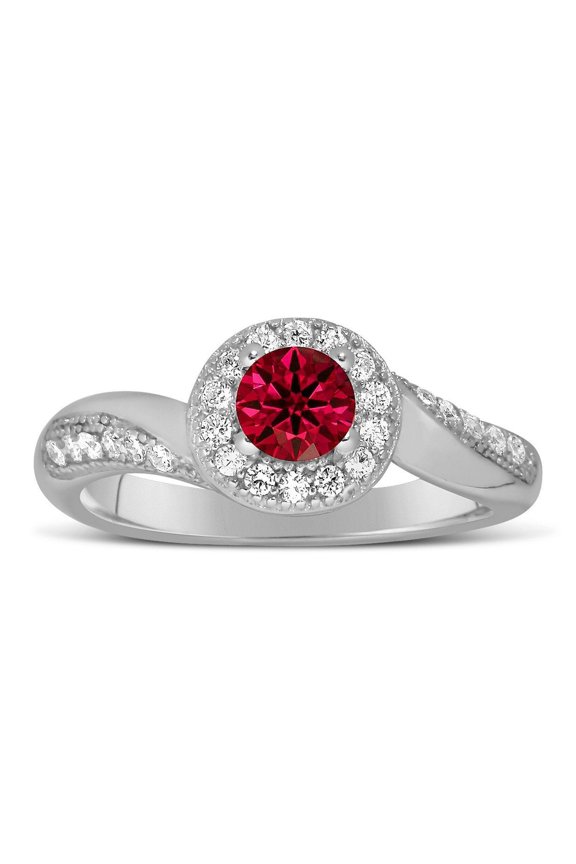 Antique Designer 1.75 Carat Round Shape Red Ruby Moissanite Diamond Engagement Ring for Her in 10k White Gold