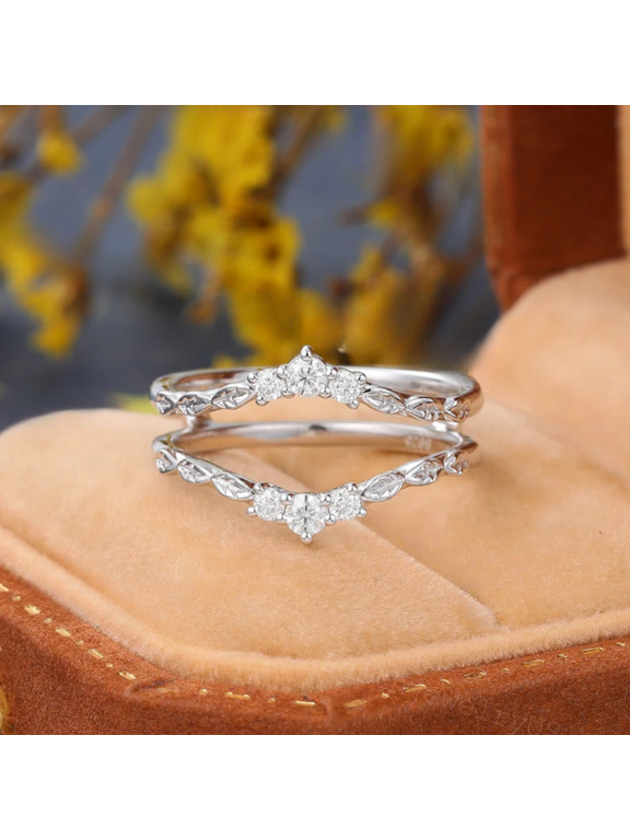 Antique Diamond Enhancer Wedding Band- 925 Sterling Silver- Art Deco Leaf Stackable Marriage Anniversary Ring