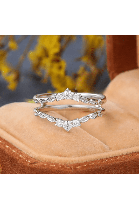 Antique Diamond Enhancer Wedding Band- 925 Sterling Silver- Art Deco Leaf Stackable Marriage Anniversary Ring