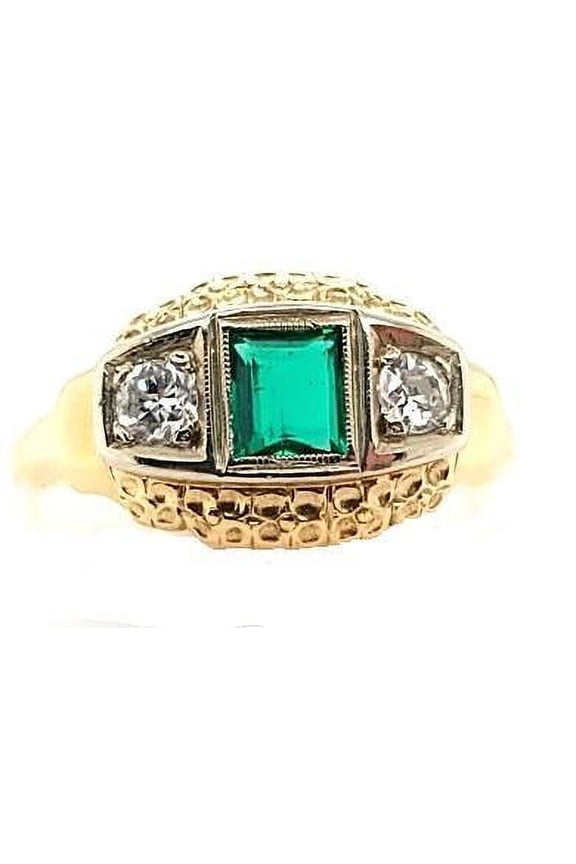 Antique Diamond and Emerald 3-Stone Engagement Ring in 14K Gold