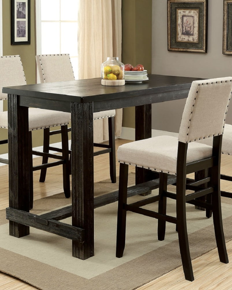 Antique Dining Table with Center Beam Support Rectangular Bar Table with Footrest High Counter Table with Bold Distressed Details for Dining Room