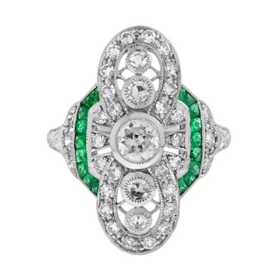 Antique Dinner Ring, Vintage Bezel Set Diamond Engagement Ring, Art Deco Green Emerald Halo Diamond Wedding Ring, Elongated Ring, 14K White Gold Plated, 2.5 Ct Simulated Diamond