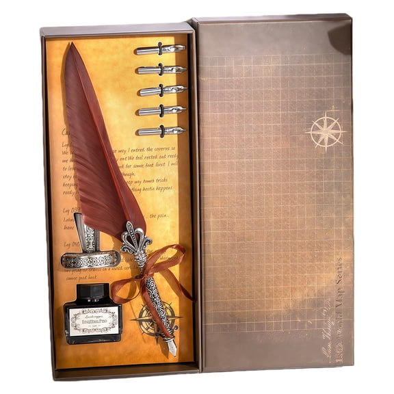 Antique Dip Pen With Inks And 5 Nibs Retro Metal Engraved Feathered Fountain Pen For Beginner Enthusiasts Handwriting