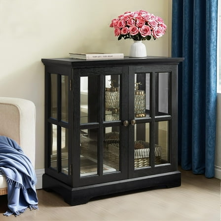 Antique Display Cabinet with Adjustable Glass Shelves, Storage Cabinet with LED, Black