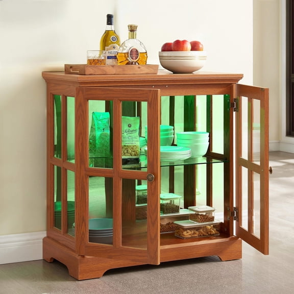 Antique Display Cabinet with Adjustable Glass Shelves, Storage Cabinet with LED, Dark Oak