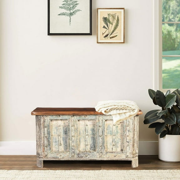 Antique Door Repurposed 47" Wide Rustic Bed End Chest | Solid Wood Handmade Chest with Storage | Farmhouse Style Vintage Blanket Box Bedroom