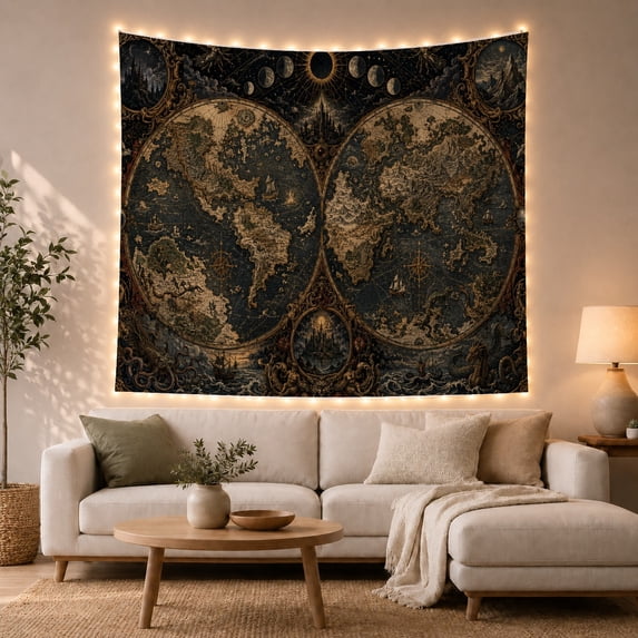 Antique Double Map with Sun and Moon, Adventurous Vintage Travel Style for Map Lovers, Antique Map Decor, Housewarming Gift, Tapestry Wall Hanging for Study Room and Office