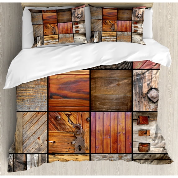 Antique Duvet Cover Set, Assortment of Different Wooden Architecture Elements Timber Door Key Print, Decorative 3 Piece Bedding Set with 2 Pillow Shams, Queen Size, Chocolate Brown, by Ambesonne